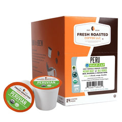 Fresh Roasted Coffee front packaging showing organic and half-caf benefits