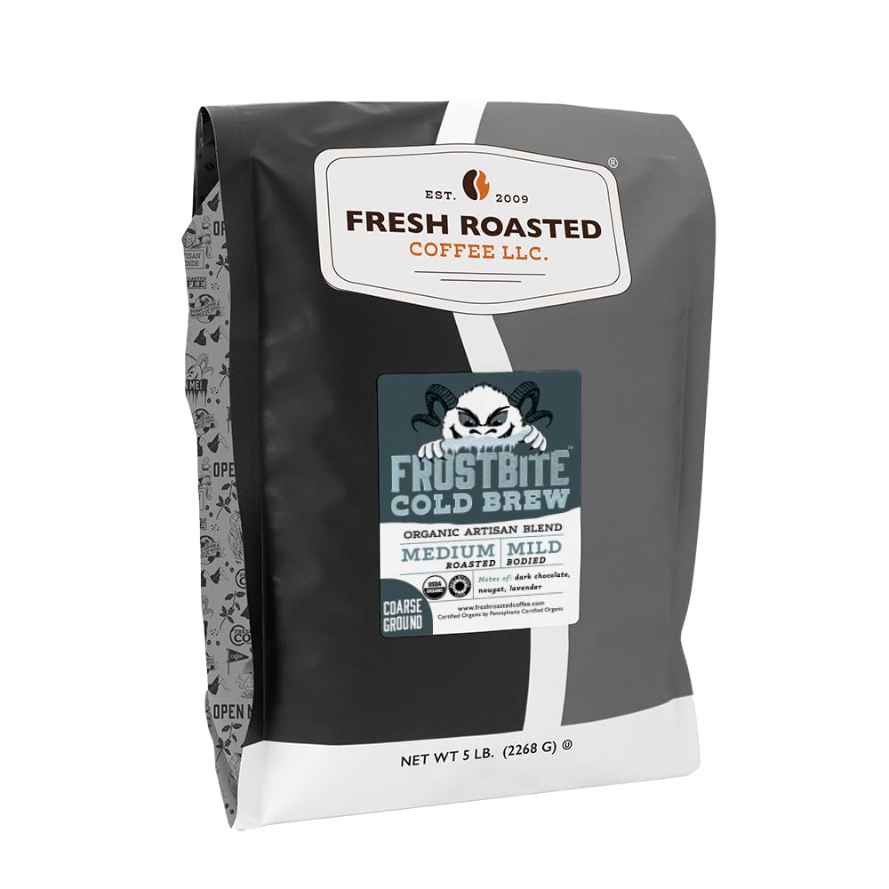 Fresh Roasted Coffee front packaging showing 5 lb bag and branding benefit freshness
