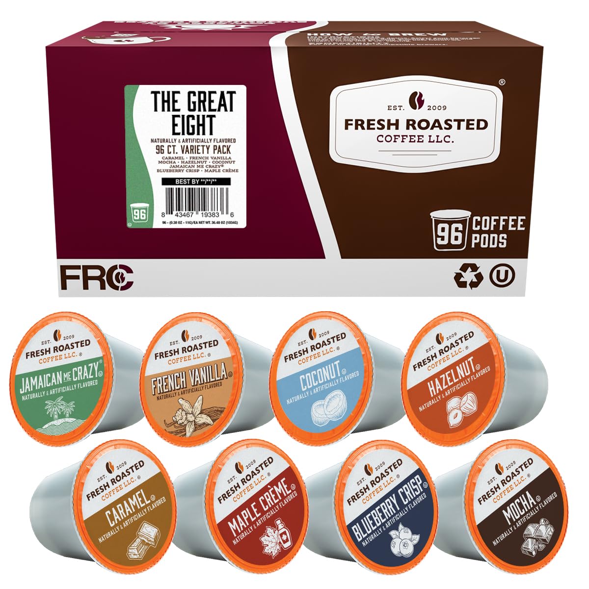Fresh Roasted Coffee front packaging showing 96-count variety and flavor names, convenience benefit