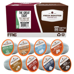 Fresh Roasted Coffee front packaging showing 96-count variety and flavor names, convenience benefit
