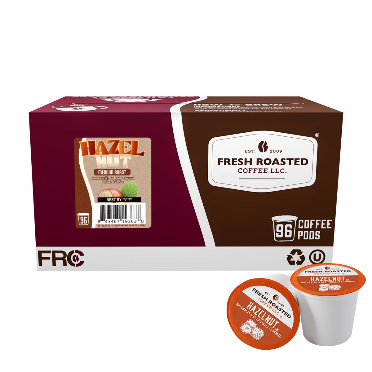 Fresh Roasted Coffee front packaging showing 96-count hazelnut K-Cup pods and brand