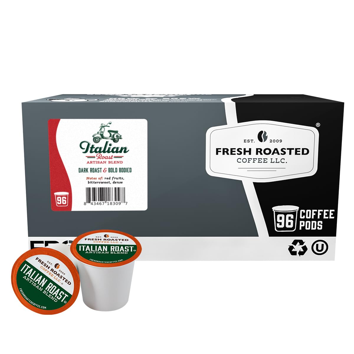 Fresh Roasted Coffee front packaging showing 96-count pods and bold Italian roast benefit
