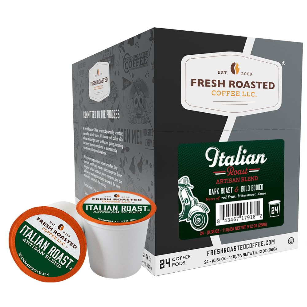 Fresh Roasted Coffee pack front showing 24-count Italian Roast and Keurig compatibility benefits