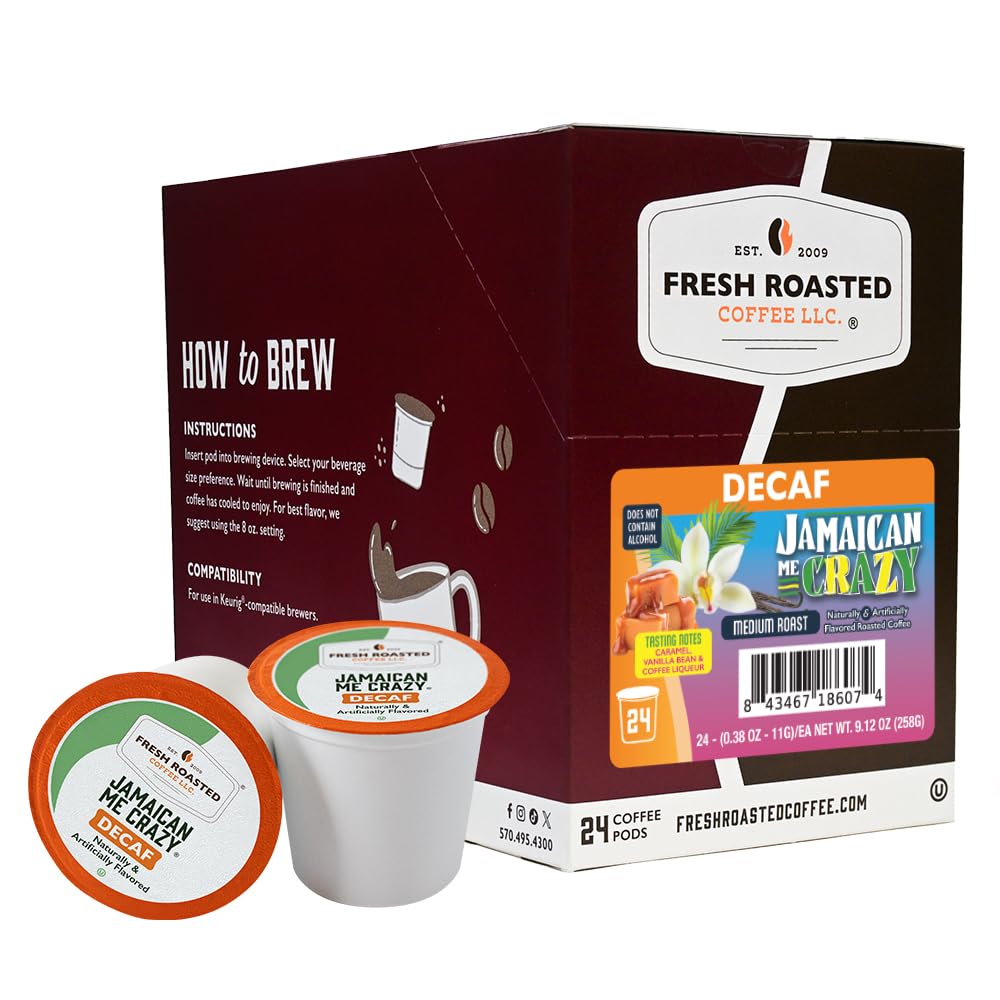 Fresh Roasted Coffee front packaging showing tropical decaf flavor benefit