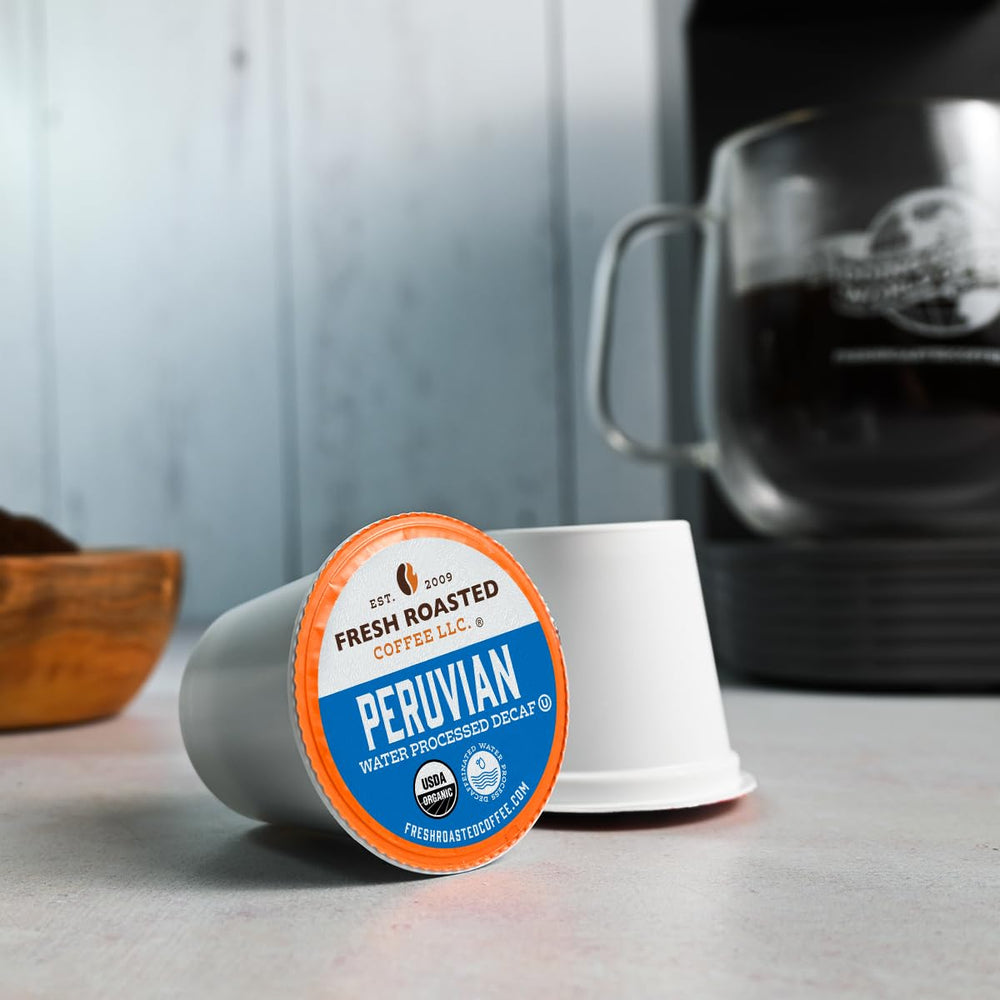 Fresh Roasted Coffee single K-Cup top view highlighting pod design for fast brewing