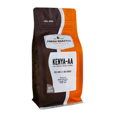 Fresh Roasted Coffee front packaging showing Kenya AA 12 oz and freshness benefit