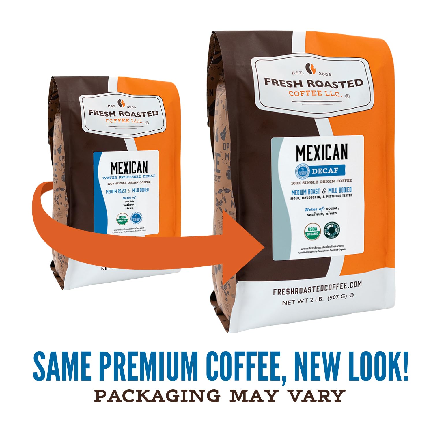 Fresh Roasted Coffee label with USDA Organic and third-party test badges for安心