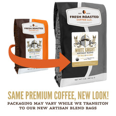 Fresh Roasted Coffee label and certifications clearly showing USDA Organic and Kosher trust