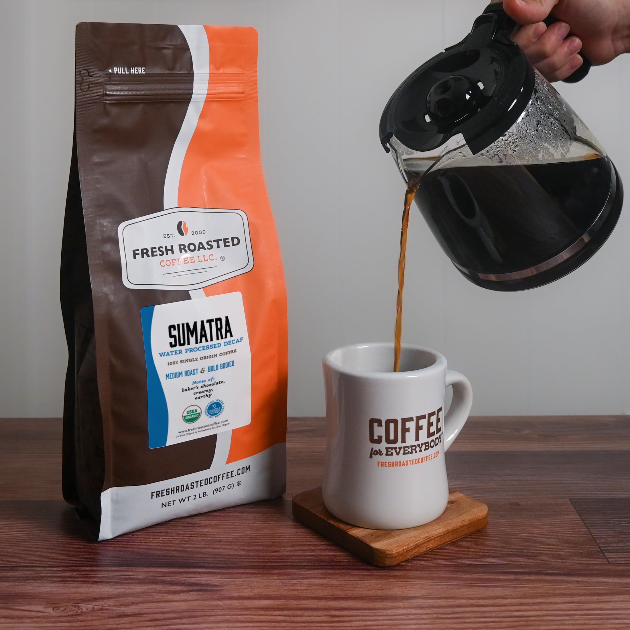 Fresh Roasted Coffee label with USDA Organic and kosher certifications visible