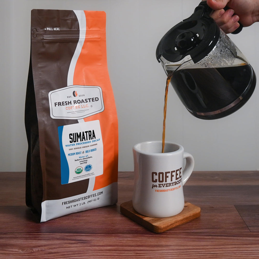 Fresh Roasted Coffee label with USDA Organic and kosher certifications visible