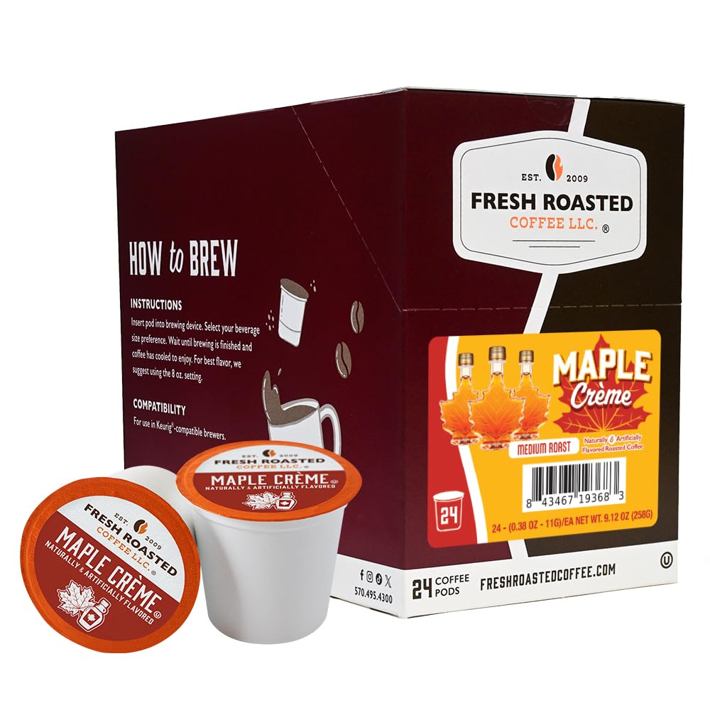 Fresh Roasted Coffee front packaging showing maple crème flavor and 24-count benefit