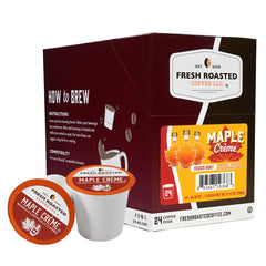 Fresh Roasted Coffee front packaging showing maple crème flavor and 24-count benefit
