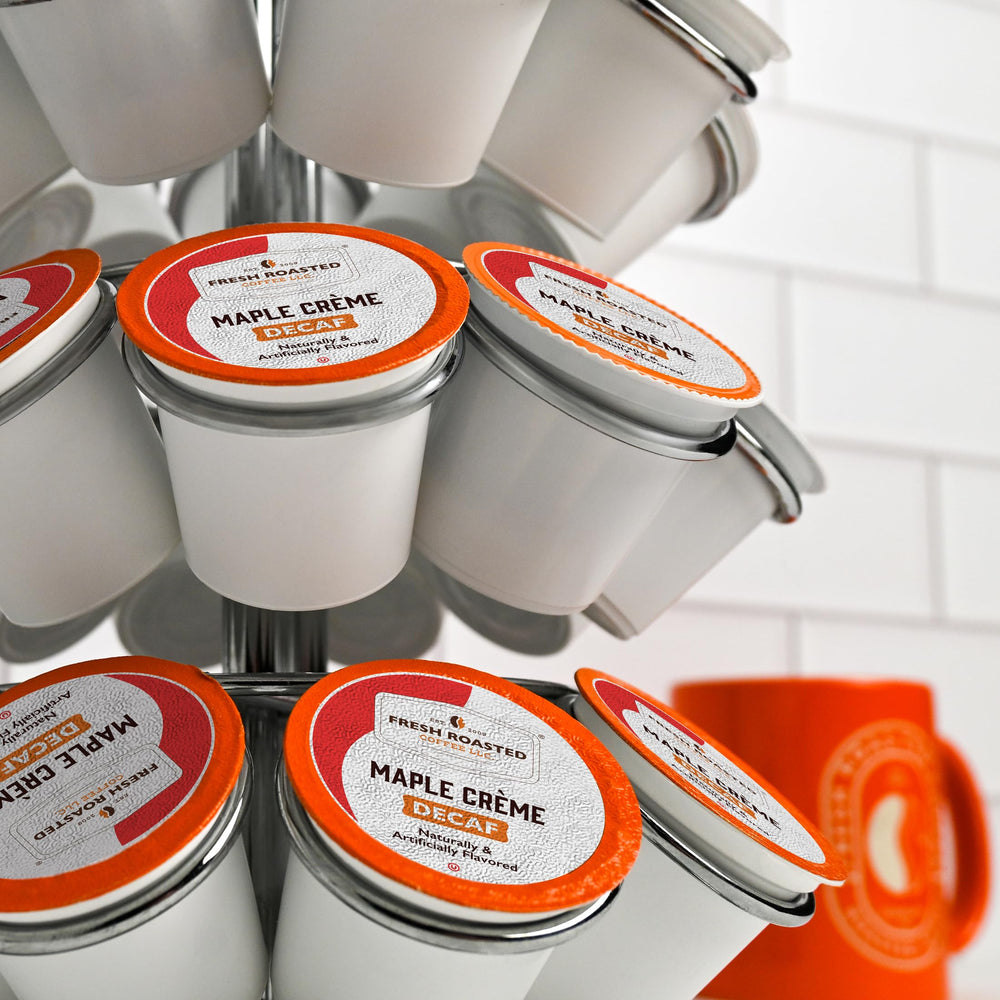 Fresh Roasted Coffee brewed cup pouring from a single-serve machine for quick enjoyment