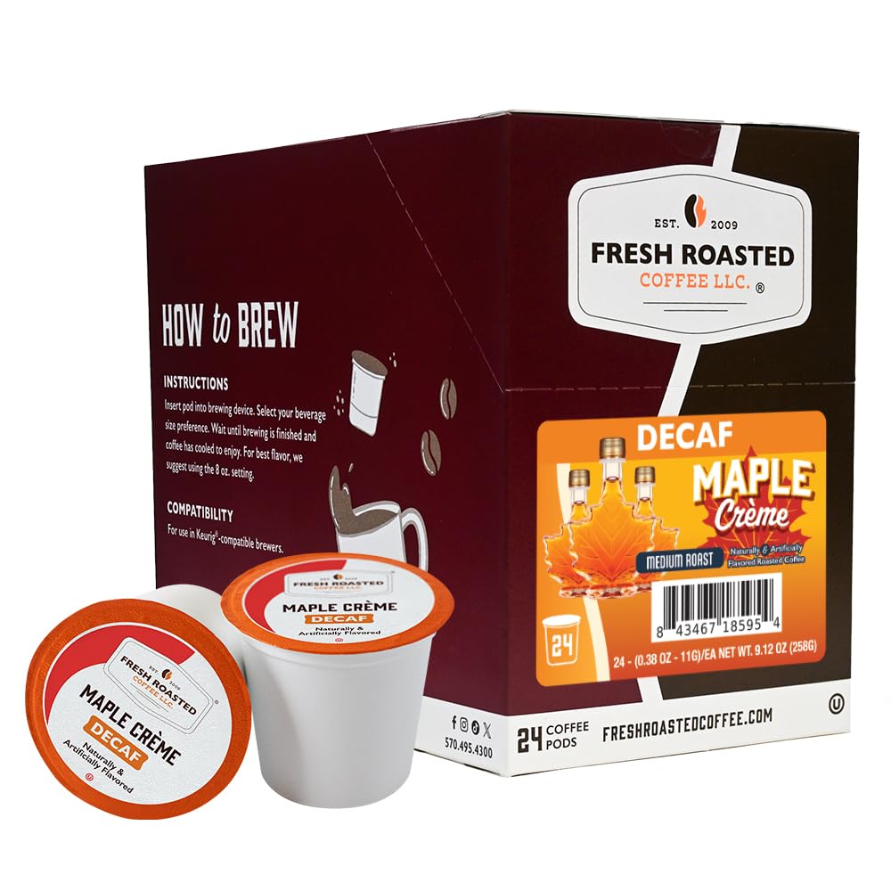 Fresh Roasted Coffee front packaging showing Maple Crème 24-count and kosher badge