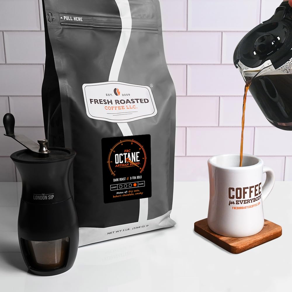 Fresh Roasted Coffee Octane ground coffee on spoon ready to brew for convenience