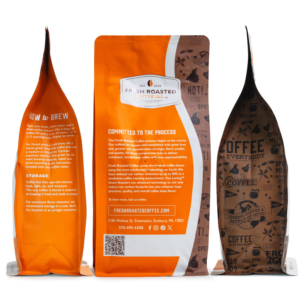 Fresh Roasted Coffee origin map with beans, illustrates Sumatra single-origin sourcing and traceability benefit