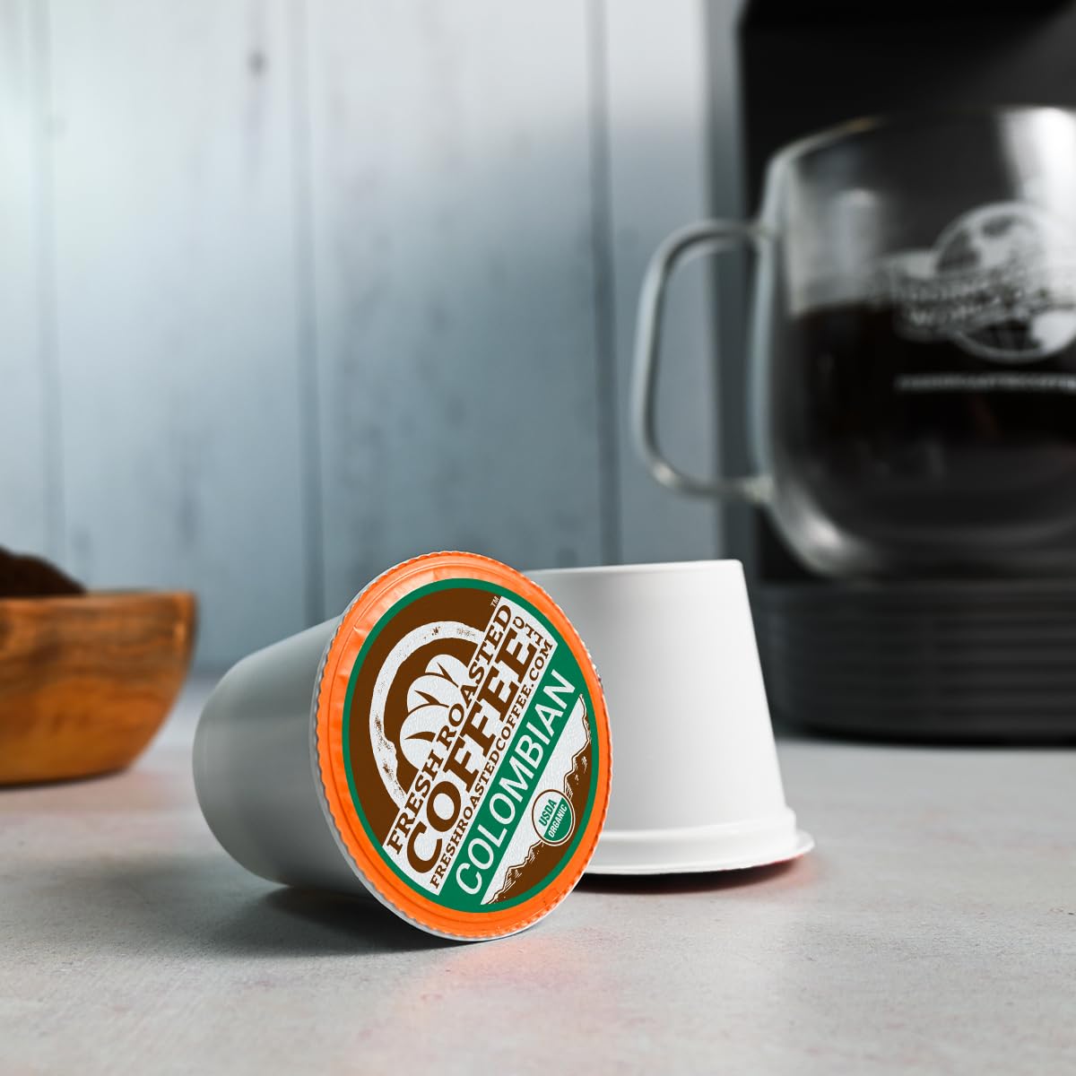 Fresh Roasted Coffee packaging sustainability shot showing compostable components benefit
