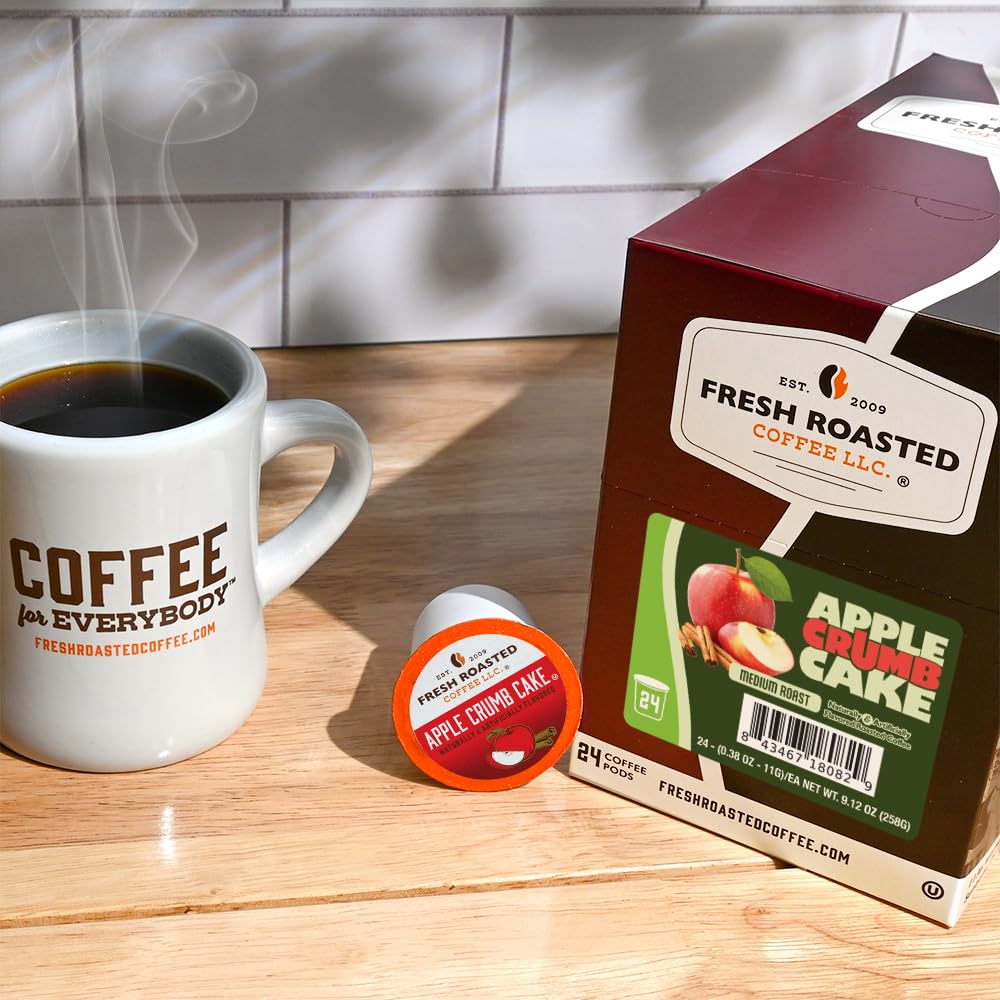 Fresh Roasted Coffee ground coffee visible inside pod, highlights quality Arabica beans
