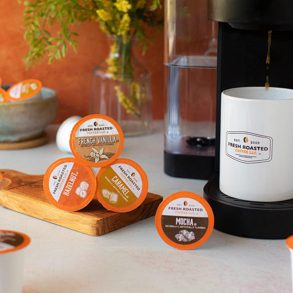 Fresh Roasted Coffee pod in Keurig slot mid-brew, demonstrates fast single-cup convenience