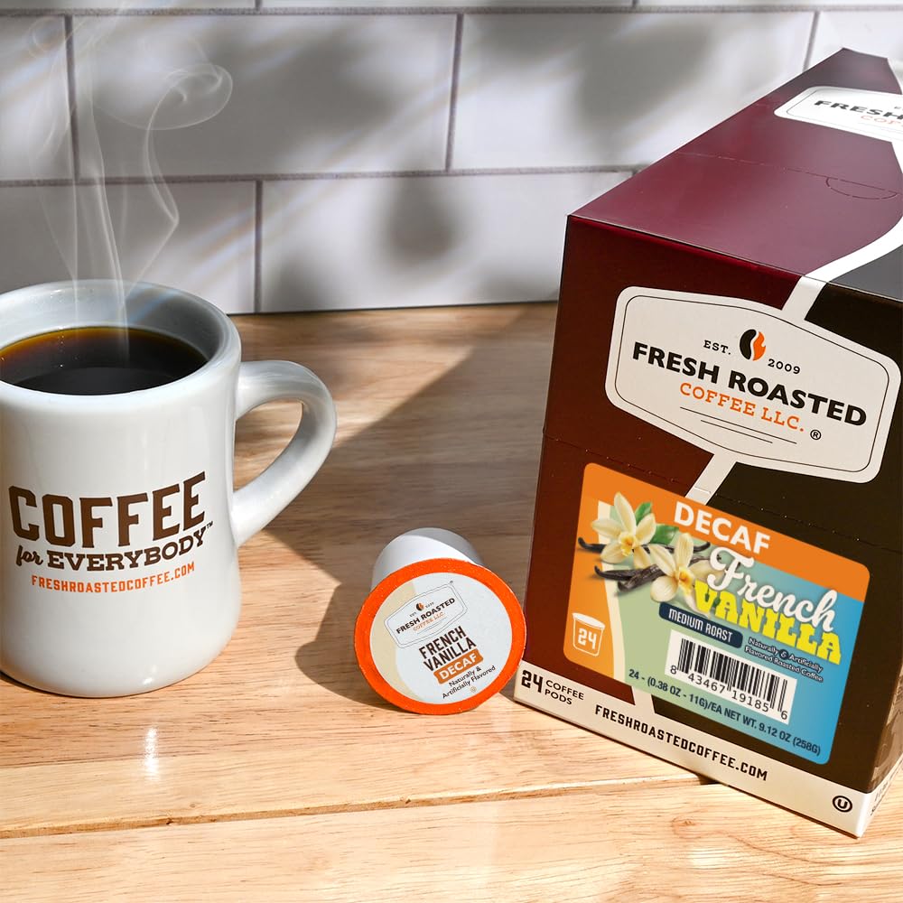 Fresh Roasted Coffee pod side view showing plastic cup texture and freshness benefit