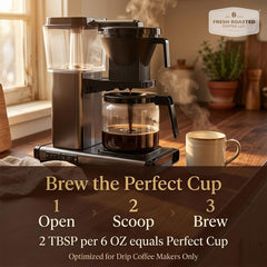 Fresh Roasted Coffee being poured into a drip machine demonstrating easy brewing