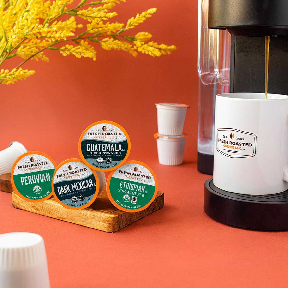 Fresh Roasted Coffee brewed cup being poured to show aroma and serving appeal