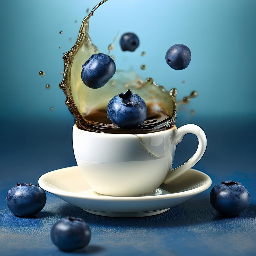 Fresh Roasted Coffee poured cup with blueberry garnish illustrating dessert-like flavor without caffeine