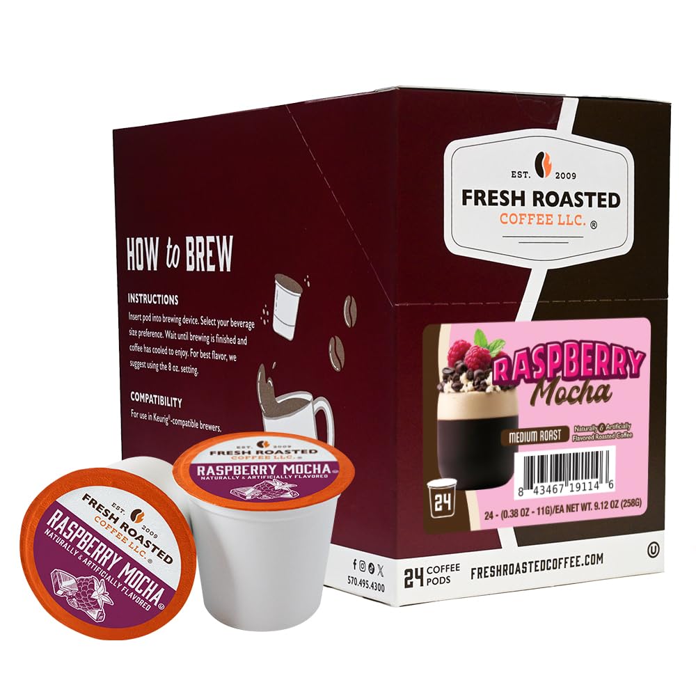 Fresh Roasted Coffee front packaging showing Raspberry Mocha and benefits of flavor