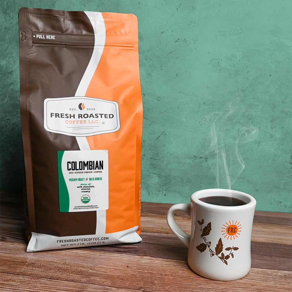 Fresh Roasted Coffee beside a kitchen scale showing 5 lb bag size for portioning convenience