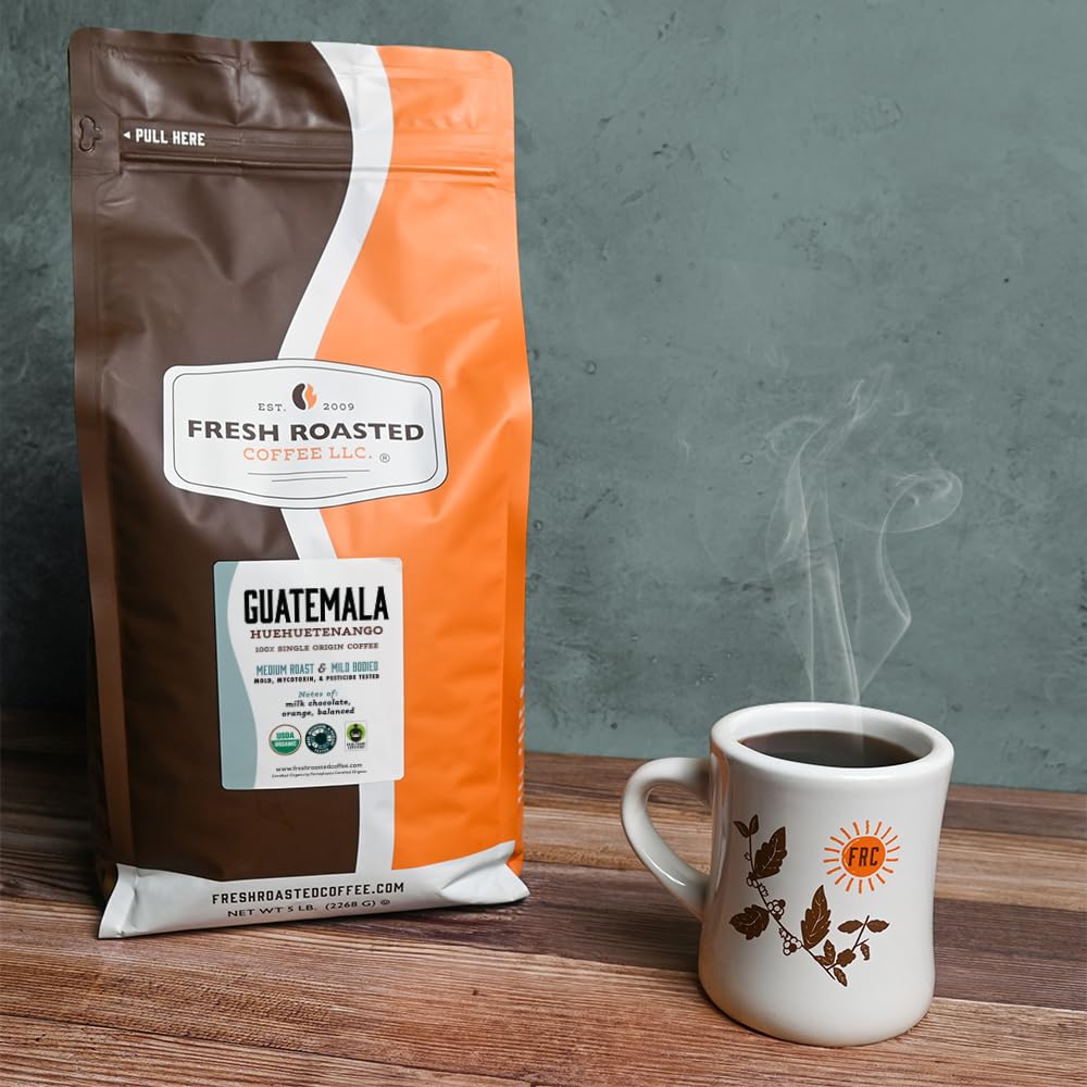 Fresh Roasted Coffee five-pound bag beside a scale to show quantity