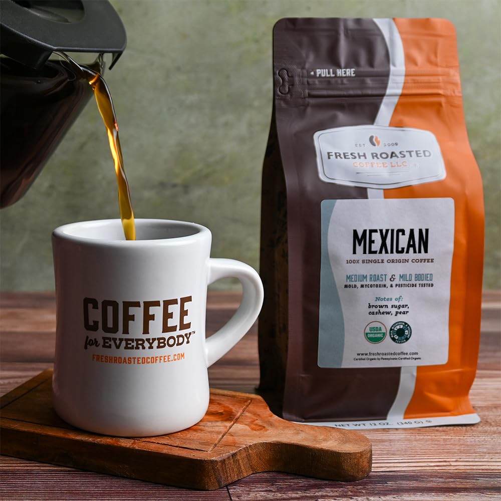 Fresh Roasted Coffee 12 oz bag next to a scale showing actual portion size benefit