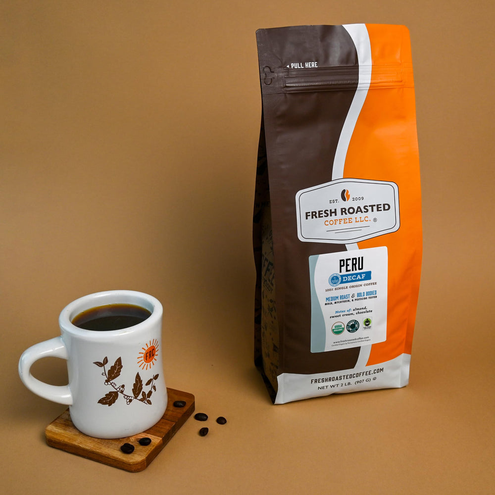 Fresh Roasted Coffee 2 lb bag beside coffee scale for size reference