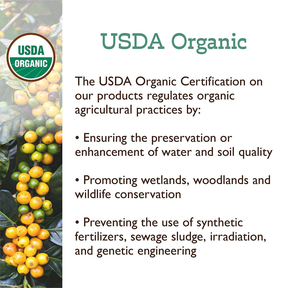 Fresh Roasted Coffee certification labels close-up showing organic and fair trade benefits