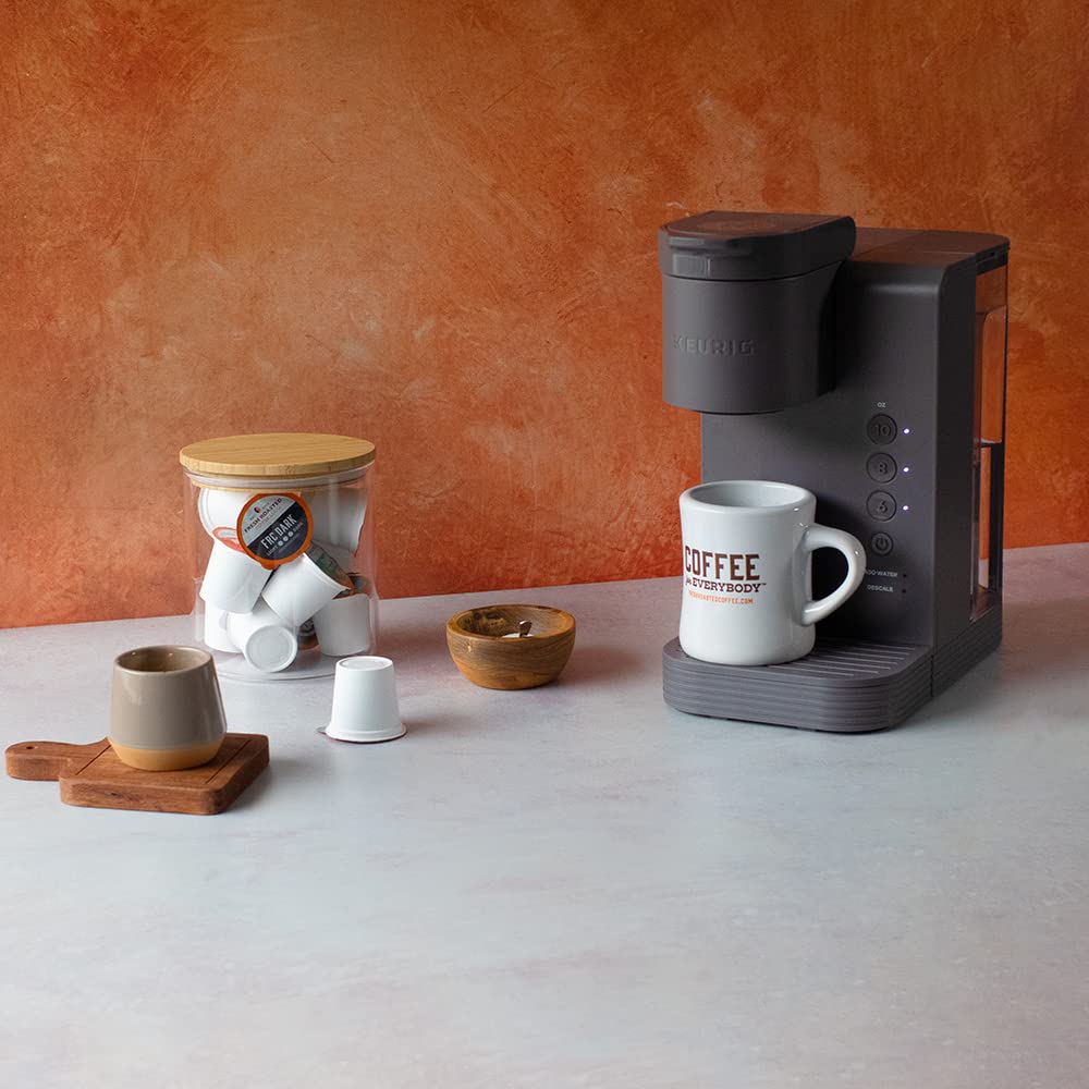 Fresh Roasted Coffee brewed cup poured from pod showing rich color and smooth finish