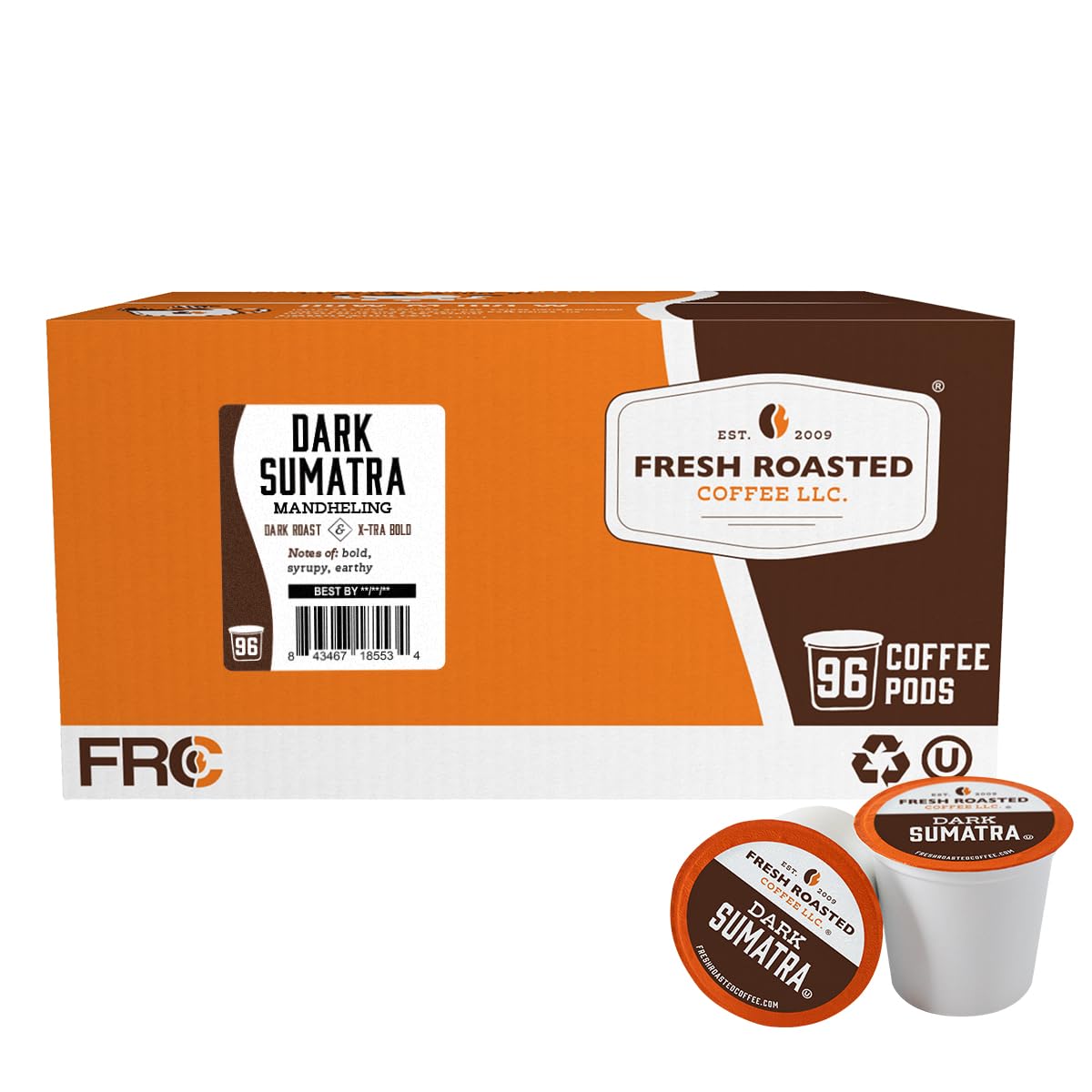 Fresh Roasted Coffee front packaging showing 96-count pods and bold branding benefit