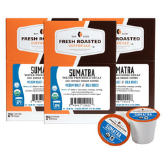 Fresh Roasted Coffee front packaging showing organic Sumatra pods and benefits