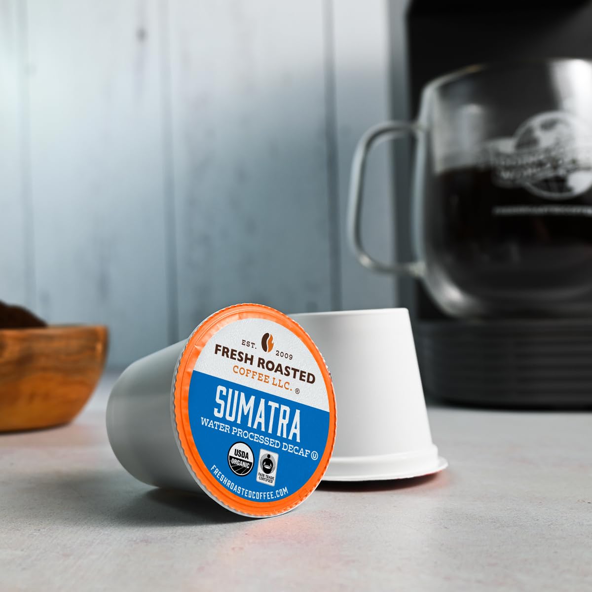 Fresh Roasted Coffee single K-Cup close-up illustrating Keurig compatibility