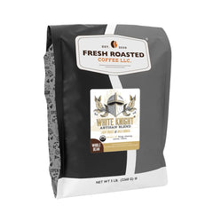 Fresh Roasted Coffee White Knight front bag shows branding and size, ensures value