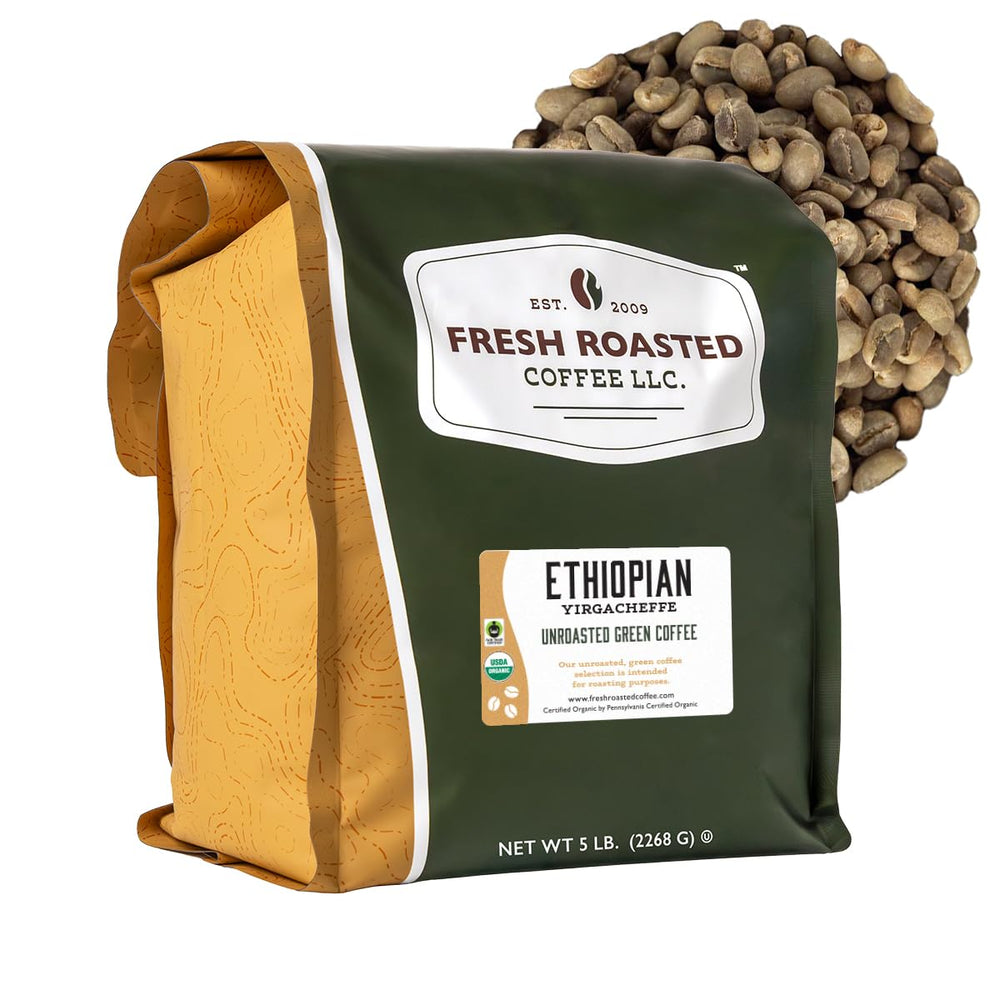 Fresh Roasted Coffee front packaging showing organic 5 lb bag and clear labeling for easy selection