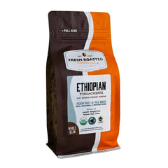 Fresh Roasted Coffee front packaging showing 12 oz bag and organic seals for quality