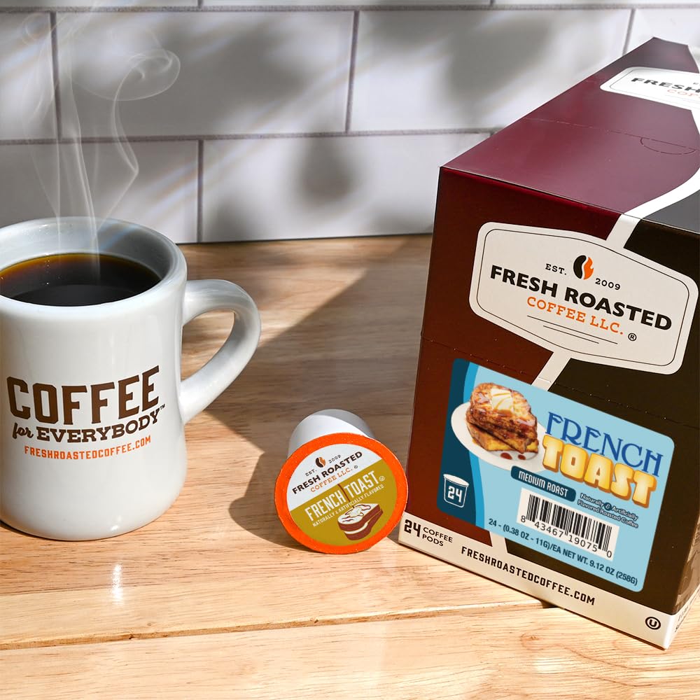 Fresh Roasted Coffee brewed cup with visible crema and French toast aroma suggestion