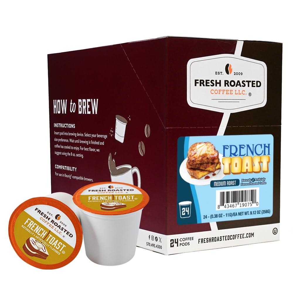 Fresh Roasted Coffee front packaging showing 24-count French Toast K-Cups and convenience