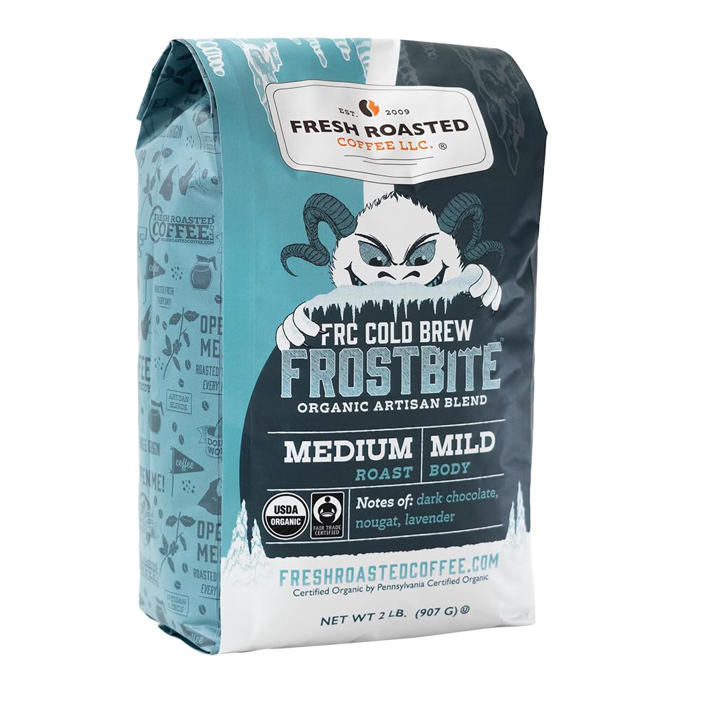 Fresh Roasted Coffee front packaging shows two-pound bag and branding, ensuring freshness