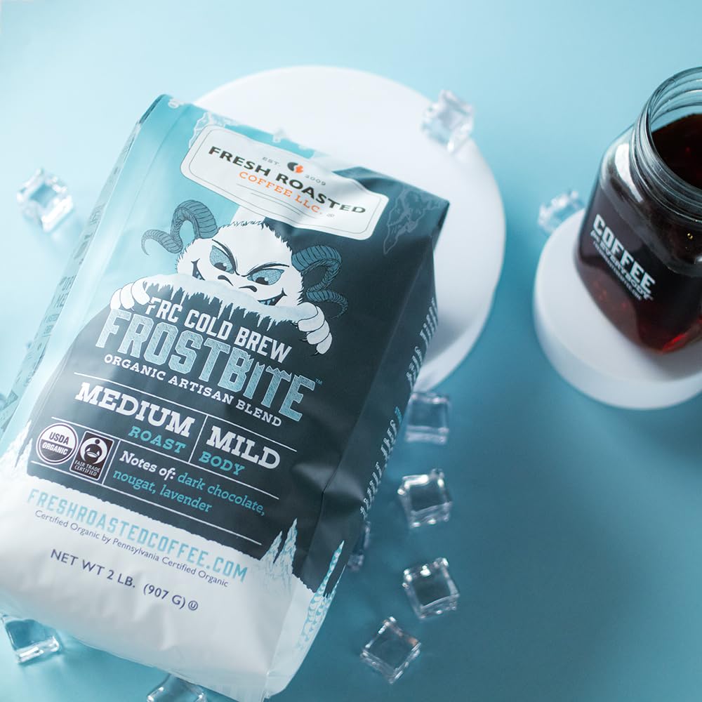 Fresh Roasted Coffee bag beside measuring scale to show two-pound quantity for batch brewing