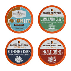 Fresh Roasted Coffee front packaging showing variety pack and benefits