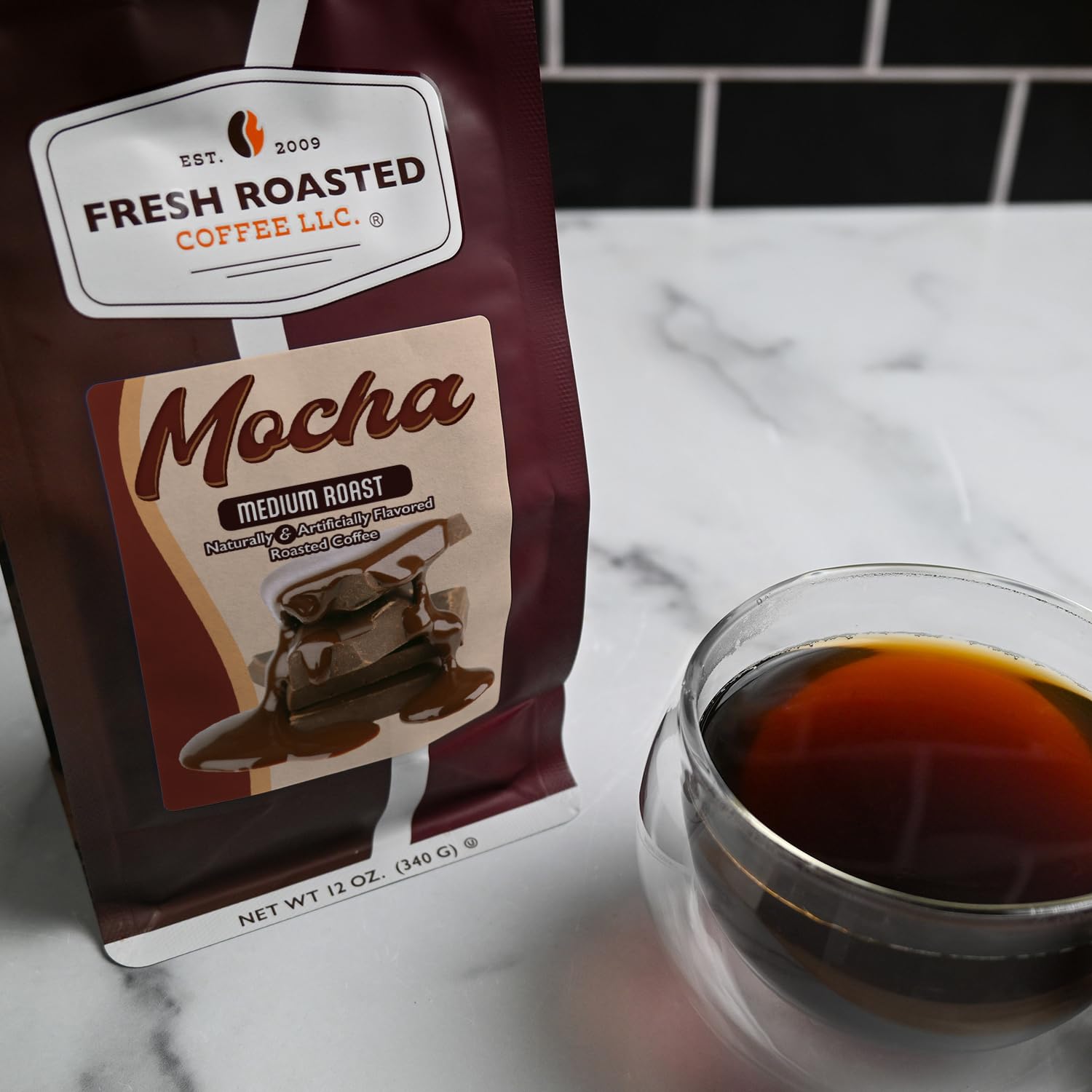 Fresh Roasted Coffee ground texture close-up highlighting rich mocha aroma benefit