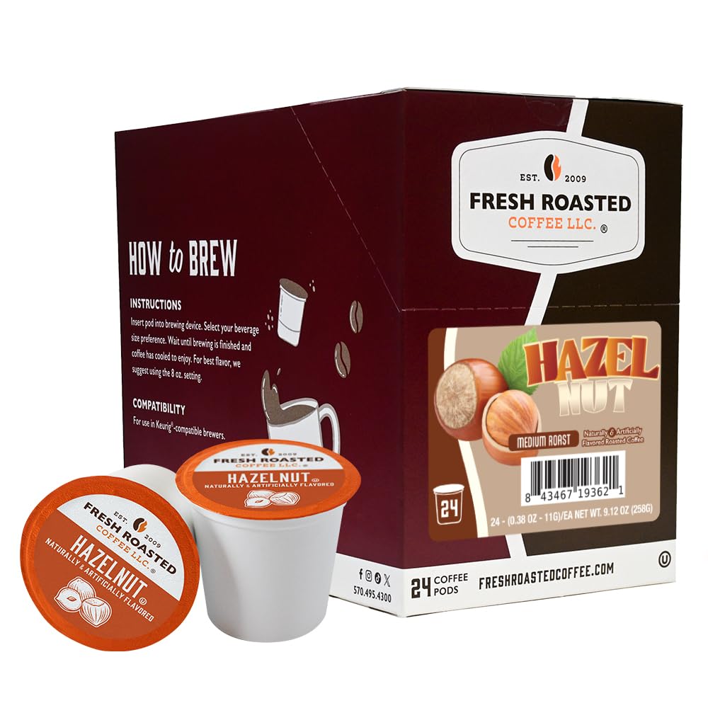 Fresh Roasted Coffee front packaging showing 24-count hazelnut K-Cup pods and convenience