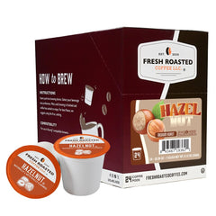 Fresh Roasted Coffee front packaging showing 24-count hazelnut K-Cup pods and convenience
