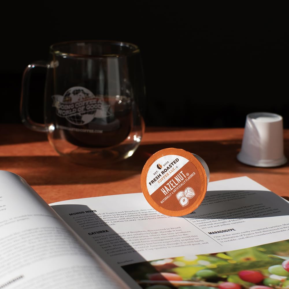 Label close-up on Fresh Roasted Coffee box showing kosher certification and roast info