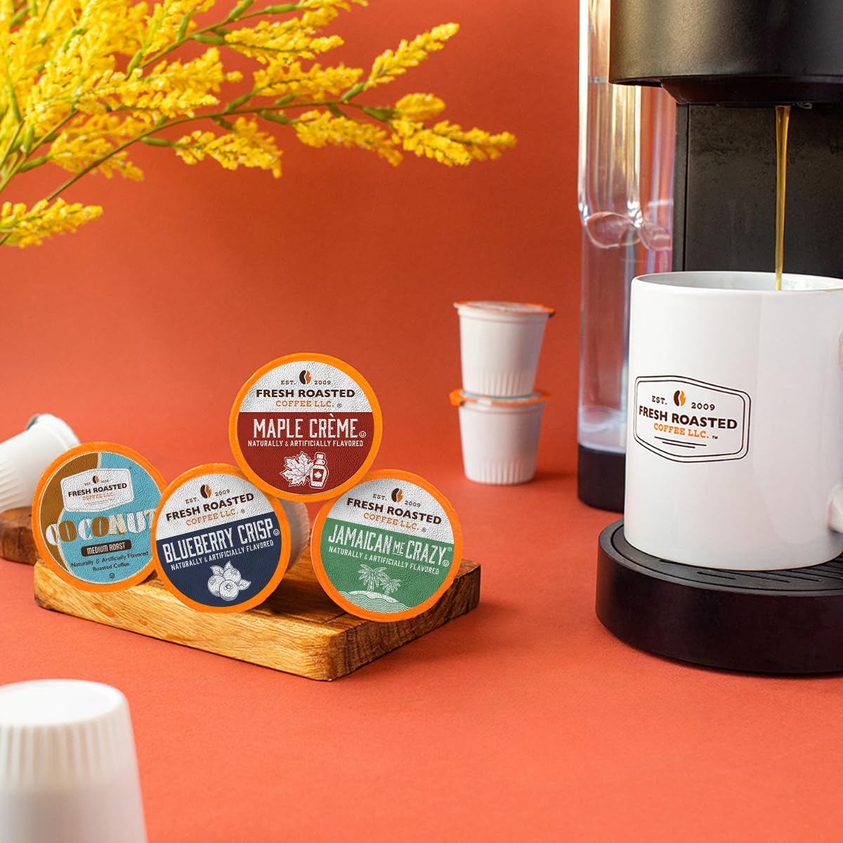 Fresh Roasted Coffee pod inserted in Keurig-compatible brewer for convenience